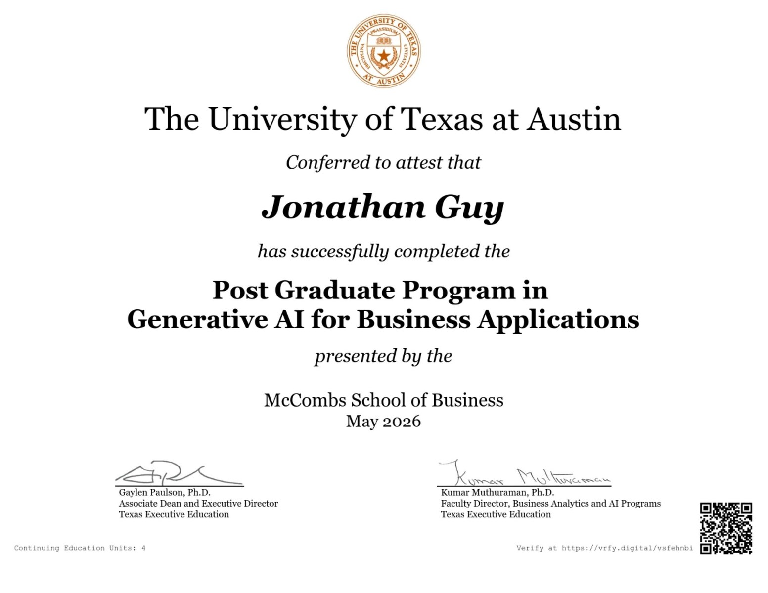 Certificate from The University of Texas at Austin, McCombs School of Business, conferring the Post Graduate Program in Generative AI for Business Applications to Jonathan Guy, May 2026
